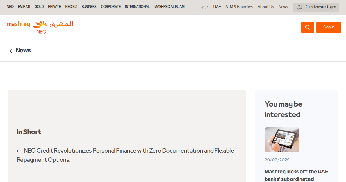 Mashreq Expands Digital Offerings with NEO Credit Launch