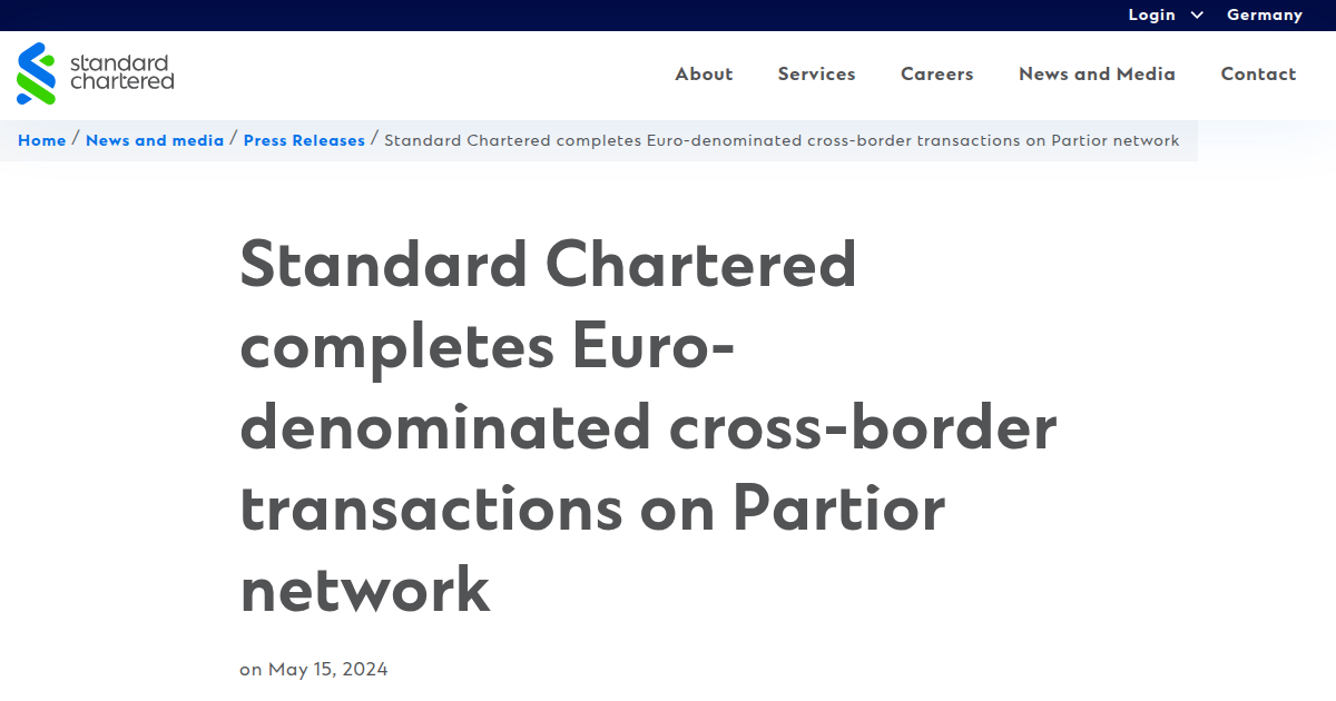 Standard Chartered Completes First Euro-Denominated Cross-Border Transaction on Partior Blockchain Network