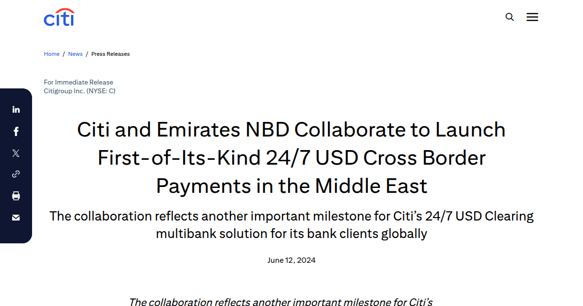 Citi and Emirates NBD Launch 24/7 USD Cross-Border Payments