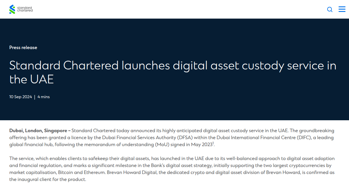 Standard Chartered Launches Digital Asset Custody Service in the UAE