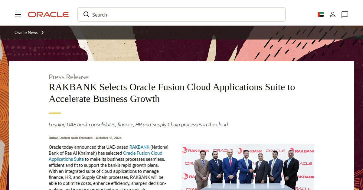RAKBANK Selects Oracle Fusion Cloud Applications Suite to Enhance Business Processes