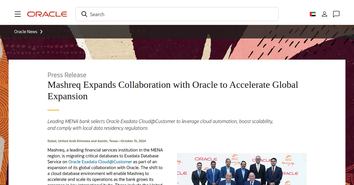 Mashreq Expands Collaboration with Oracle to Accelerate Global Expansion Using Exadata Cloud