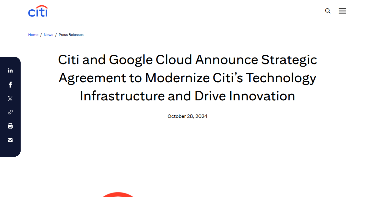 Citi and Google Cloud Announce Strategic Agreement to Modernize Technology Infrastructure