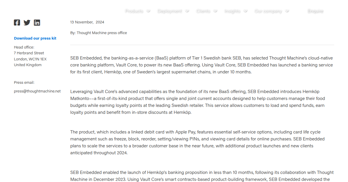 SEB Embedded Goes Live Together with Thought Machine to Drive BaaS Innovation