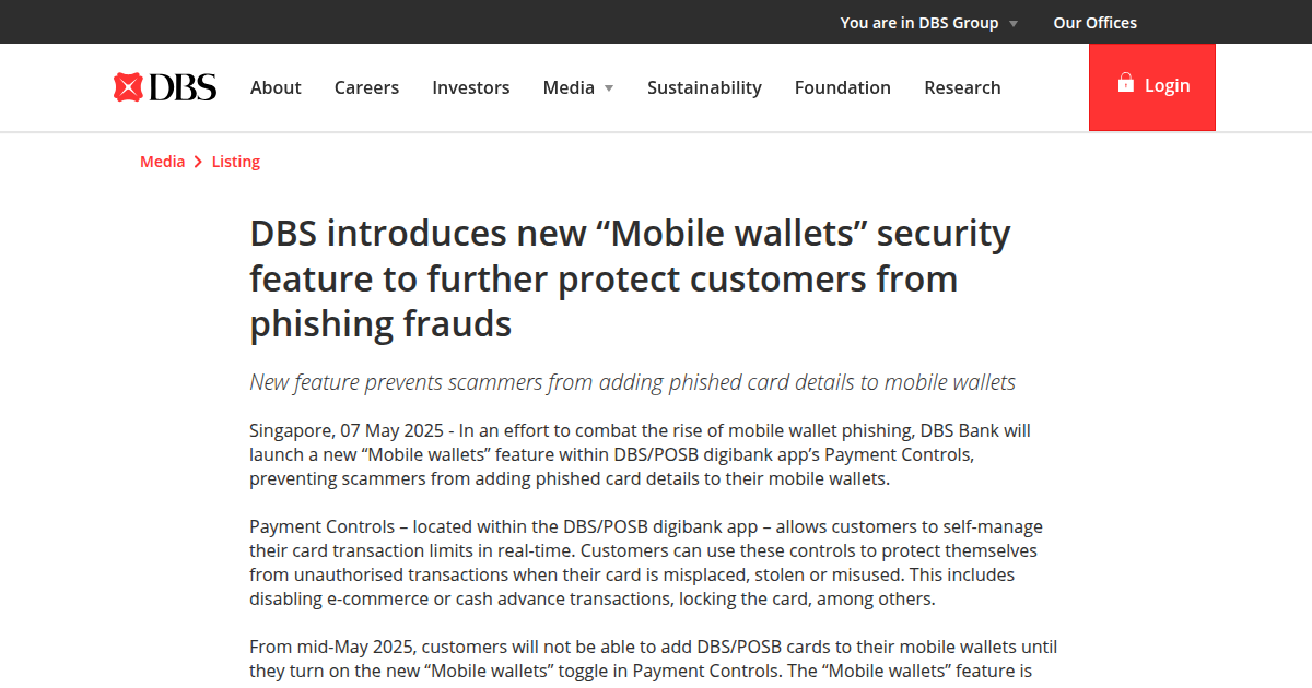 DBS Introduces New 'Mobile Wallets' Security Toggle to Protect Customers from Phishing