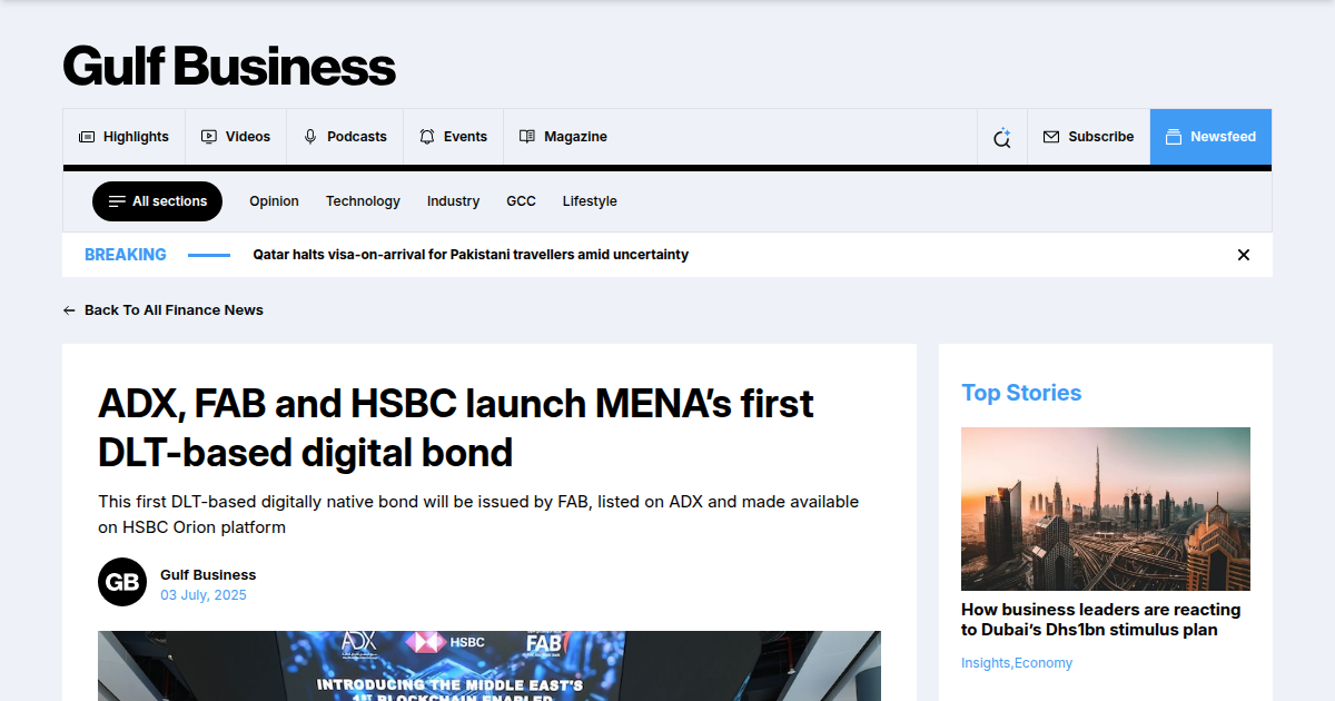 ADX, FAB and HSBC Launch MENA's First DLT-Based Digital Bond