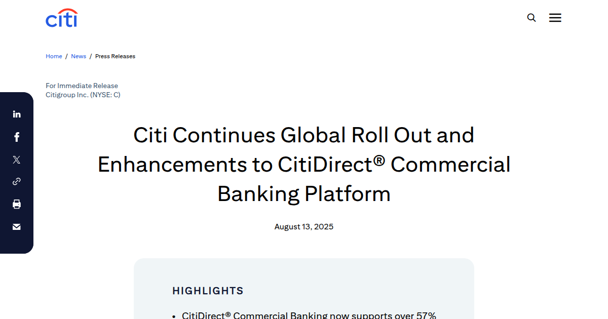 Citi Expands CitiDirect Commercial Banking Platform Globally with AI-Powered Automation