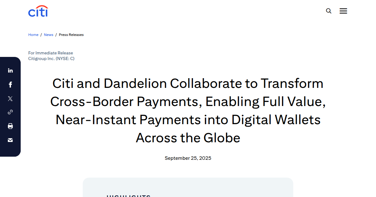 Citi and Dandelion Collaborate to Transform Cross-Border Payments