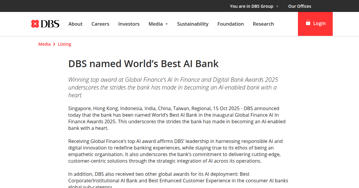DBS Named World's Best AI Bank in Inaugural Global Finance AI in Finance Awards 2025