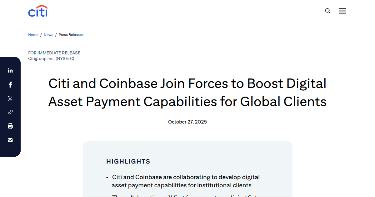 Citi and Coinbase Join Forces to Boost Digital Asset Payment Capabilities