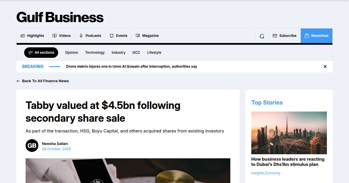 Tabby valued at $4.5bn following secondary share sale