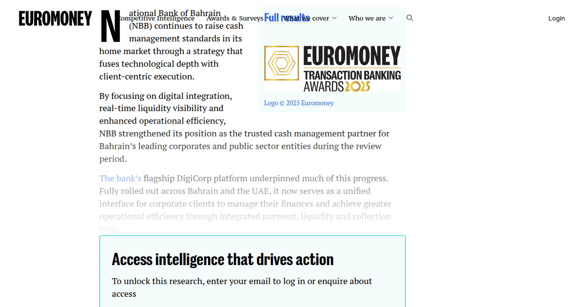 NBB Named Bahrain's Best Cash Management Bank 2025 by Euromoney