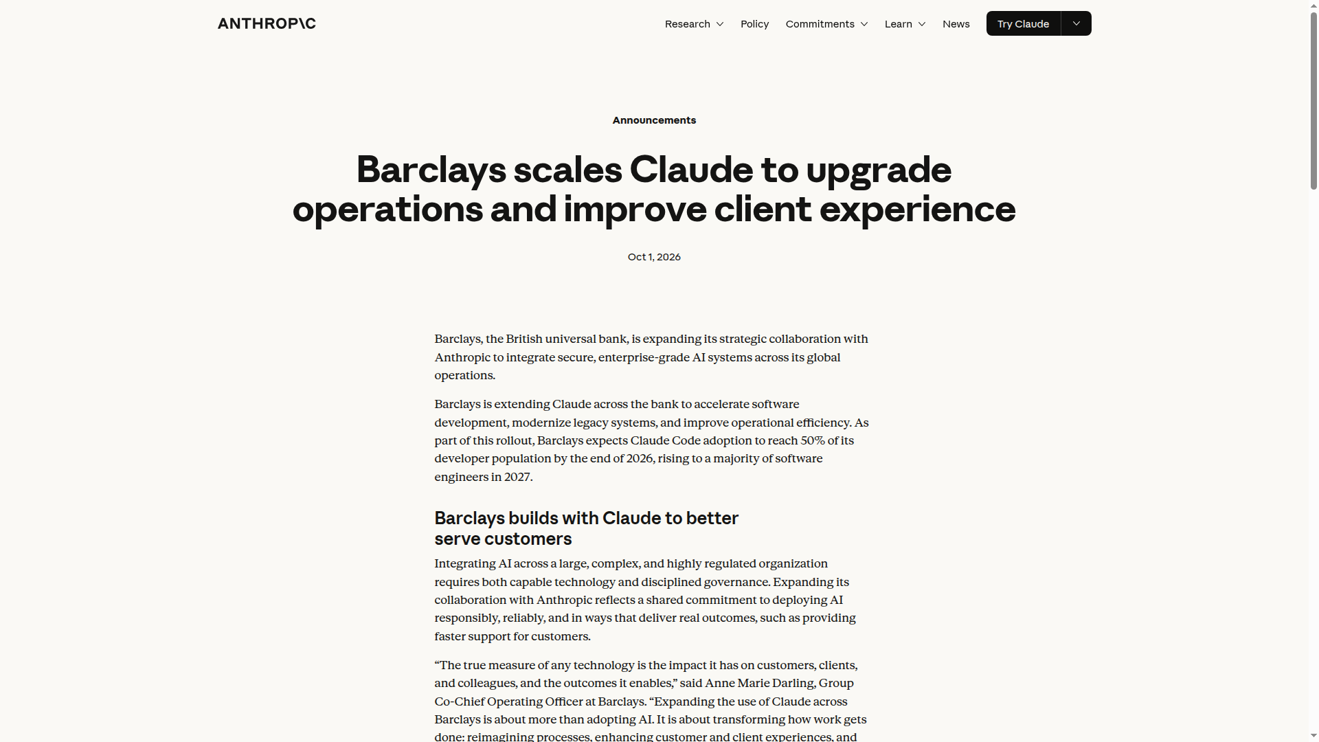 Barclays Expands Anthropic Partnership, Targets Claude Code for Most Engineers by 2027