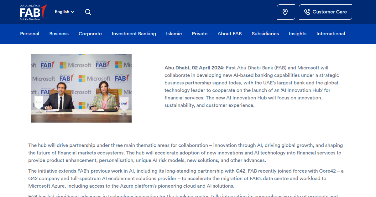 FAB and Microsoft Announce Landmark Strategic Partnership to Develop AI-Based Banking Capabilities