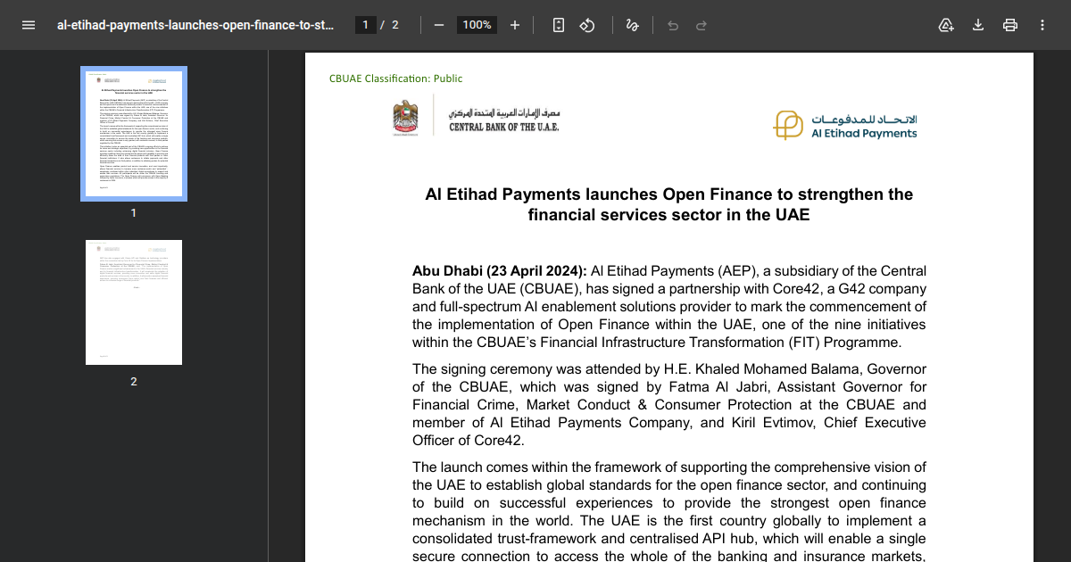 UAE Central Bank Launches Open Finance with Al Etihad Payments and Core42 Partnership