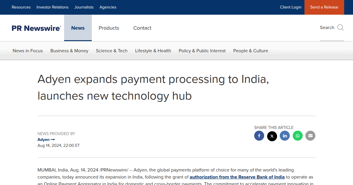 Adyen Expands Payment Processing to India, Launches New Technology Hub