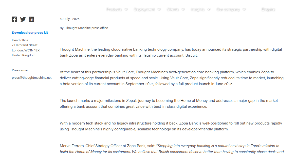 Zopa Bank Launches Beta Version of Current Account Using Thought Machine's Vault Core