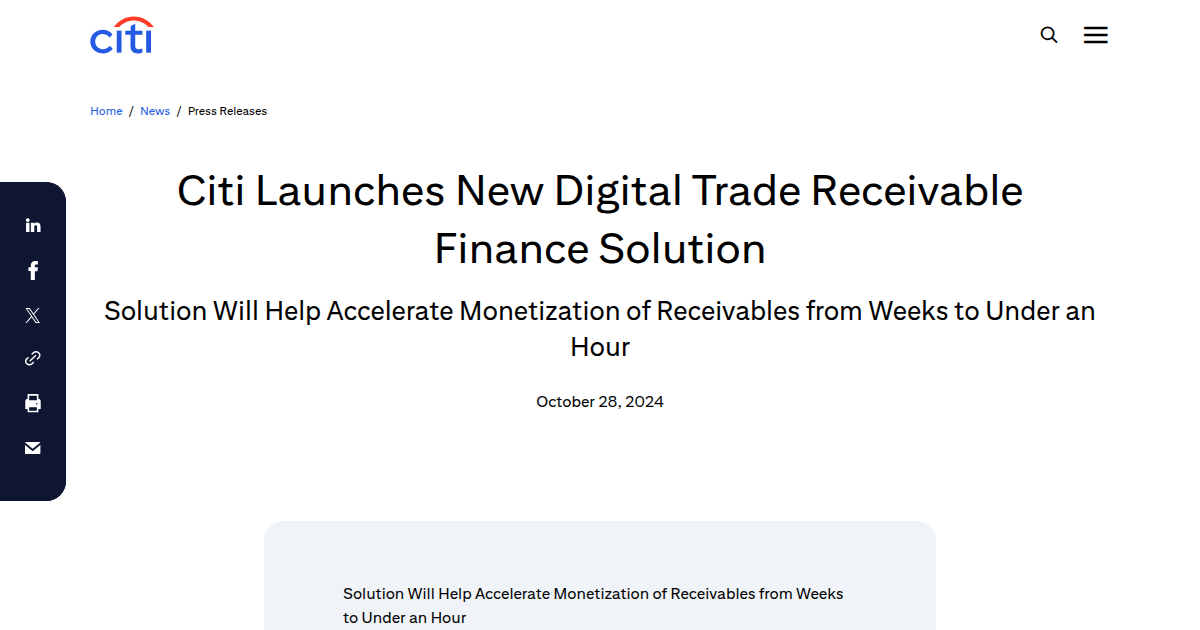 Citi Launches New Digital Trade Receivable Finance Solution