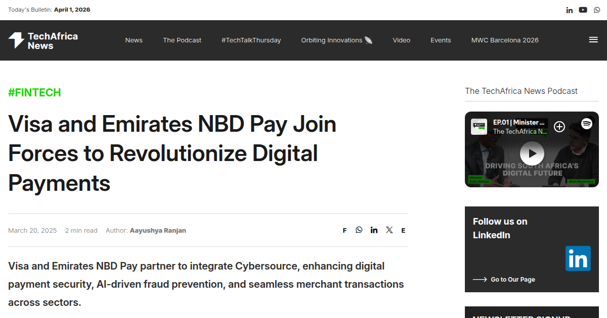 Visa and Emirates NBD Pay Partner to Integrate Cybersource for Digital Payments