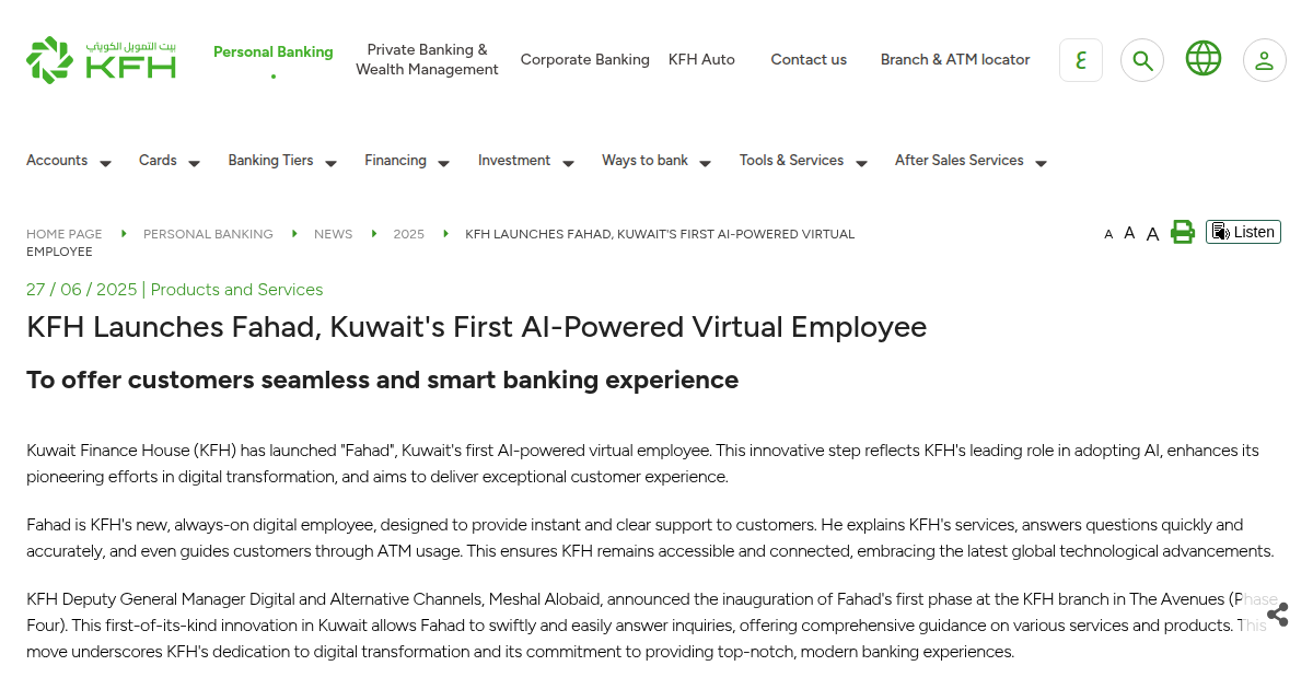 KFH Launches 'Fahad', Kuwait's First AI-Powered Virtual Employee
