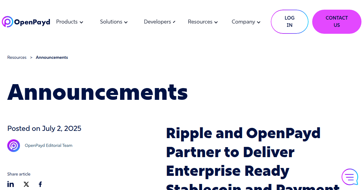 Ripple and OpenPayd Partner to Deliver Enterprise Ready Stablecoin Infrastructure