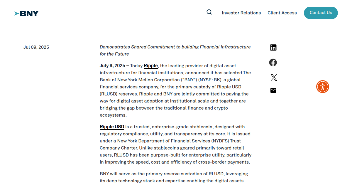 Ripple Selects BNY to Custody Ripple USD Reserves