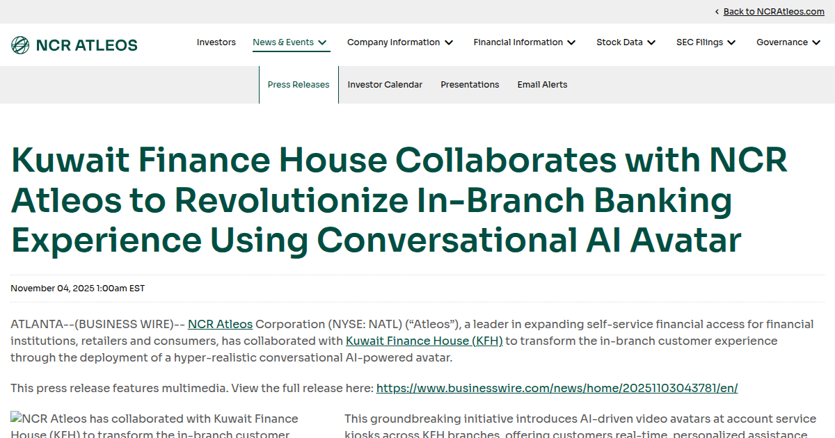 KFH Revolutionizes In-Branch Banking with NCR Atleos AI Avatars