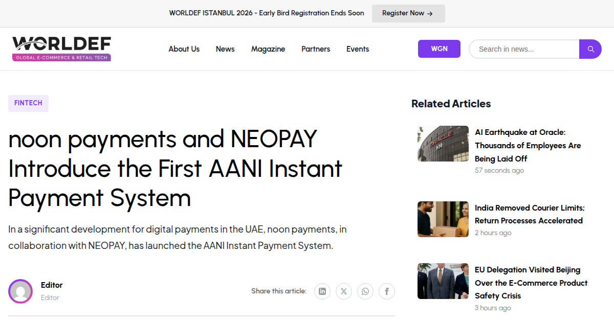 noon payments and NEOPAY Introduce the First AANI Instant Payment System