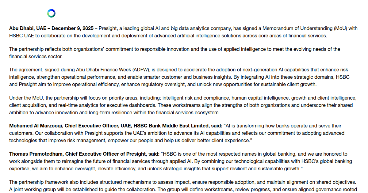 HSBC UAE and Presight Sign Strategic MoU to Advance AI Innovation