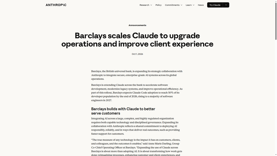 Barclays Expands Anthropic Partnership, Targets Claude Code for Most Engineers by 2027